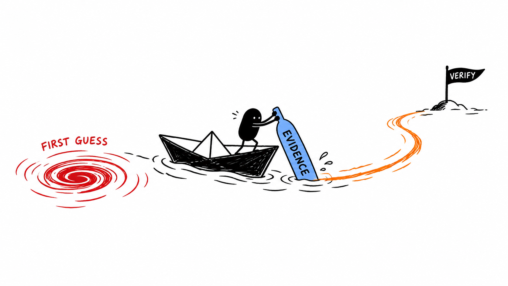 A tiny black worker uses an evidence rudder to steer a paper boat away from a first-guess whirlpool and toward verification