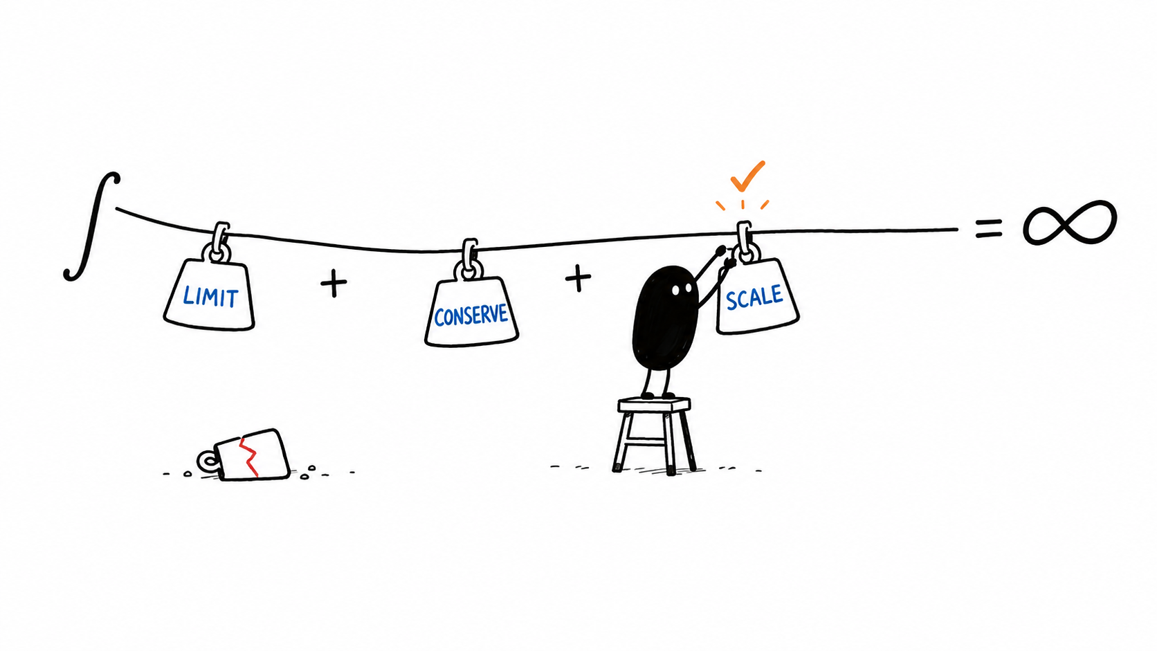 A tiny black worker balances a result by attaching limiting-case, conservation, and scaling checks