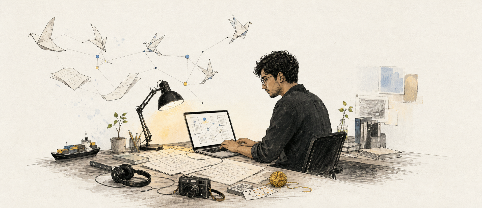 An illustrated desk with papers, software, shipping, film, and research objects from Monir's work